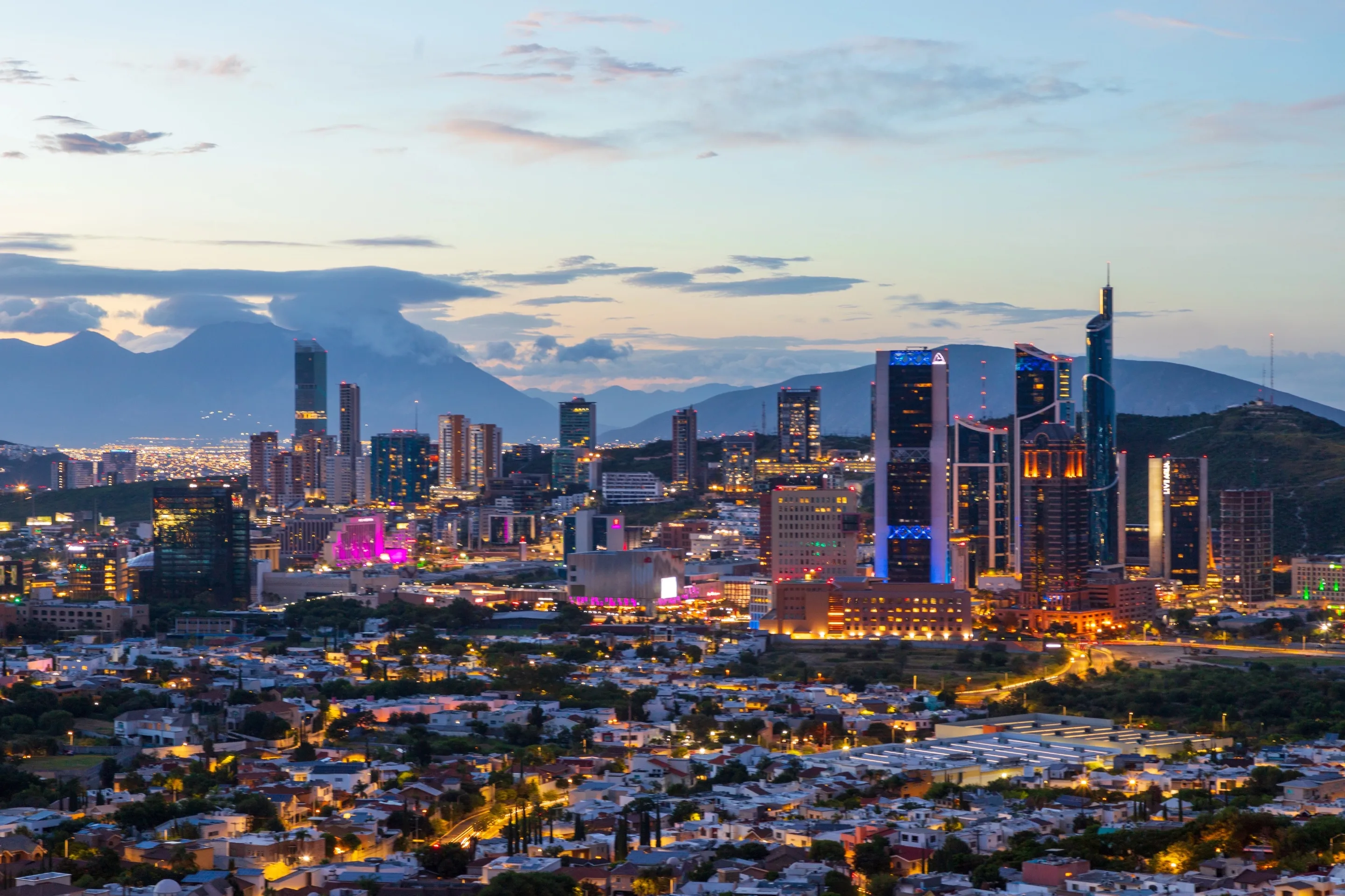San Pedro Garza García, Monterrey metropolitan area — skyline panorama at dusk